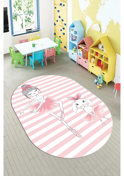 Dijital Baskılı Kaymaz Yıkanabilir Balerin Kız Desenli Oval Çocuk Odası Halısı, O-Çocuk-09-Pembe, modelleri