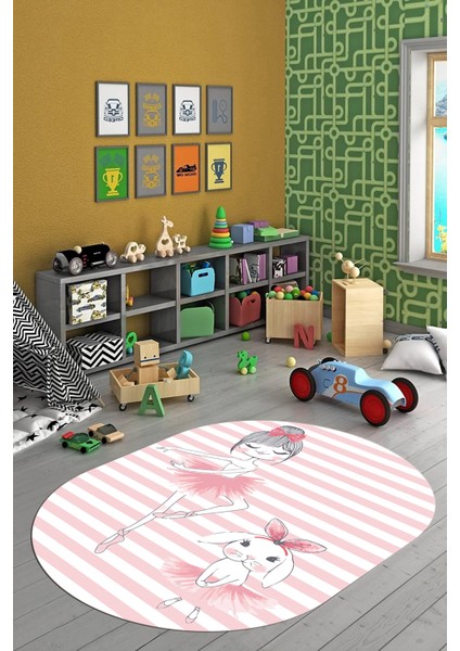 Dijital Baskılı Kaymaz Yıkanabilir Balerin Kız Desenli Oval Çocuk Odası Halısı, O-Çocuk-09-Pembe, fırsatları
