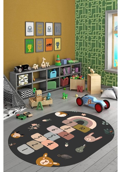 Dijital Kaymaz Yıkanabilir Sek Sek Desen Eğlendirici Oval Çocuk Oyun Halısı, O-Çocuk-29-Antrasit,