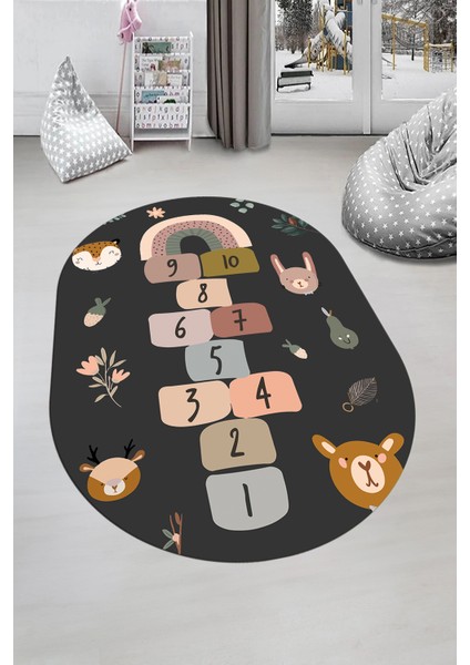 Dijital Kaymaz Yıkanabilir Sek Sek Desen Eğlendirici Oval Çocuk Oyun Halısı, O-Çocuk-29-Antrasit, fiyatları