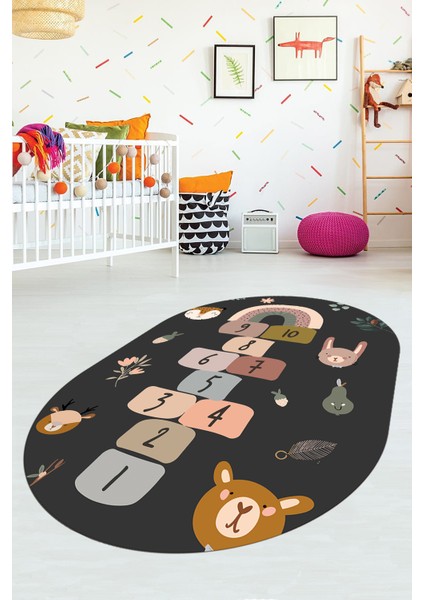 Dijital Kaymaz Yıkanabilir Sek Sek Desen Eğlendirici Oval Çocuk Oyun Halısı, O-Çocuk-29-Antrasit, modelleri