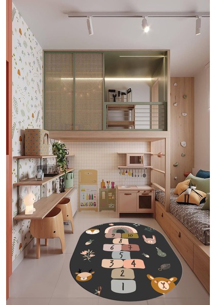 Dijital Kaymaz Yıkanabilir Sek Sek Desen Eğlendirici Oval Çocuk Oyun Halısı, O-Çocuk-29-Antrasit, fırsatları