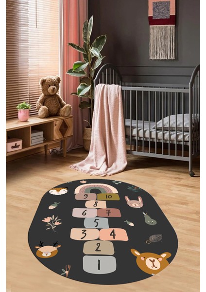 Dijital Kaymaz Yıkanabilir Sek Sek Desen Eğlendirici Oval Çocuk Oyun Halısı, O-Çocuk-29-Antrasit, indirimleri