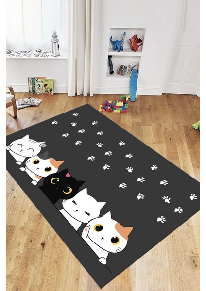 Sevimli Kediler Baskılı Yıkanabilir Kaymaz Çocuk Odası Halısı, Çocuk-49-Antrasit,