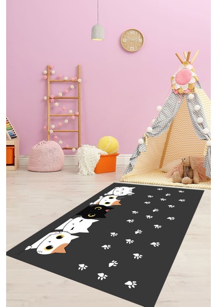 Sevimli Kediler Baskılı Yıkanabilir Kaymaz Çocuk Odası Halısı, Çocuk-49-Antrasit, modelleri