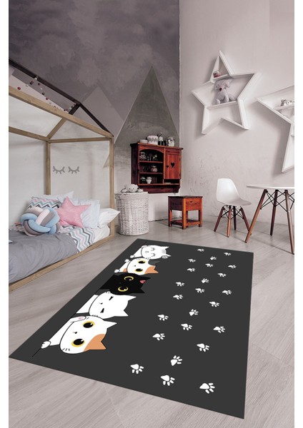 Sevimli Kediler Baskılı Yıkanabilir Kaymaz Çocuk Odası Halısı, Çocuk-49-Antrasit, indirimleri