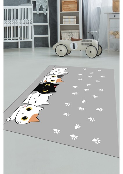 Sevimli Kediler Baskılı Yıkanabilir Kaymaz Çocuk Odası Halısı, Çocuk-49-Gri, fiyatları