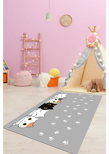 Sevimli Kediler Baskılı Yıkanabilir Kaymaz Çocuk Odası Halısı, Çocuk-49-Gri, modelleri
