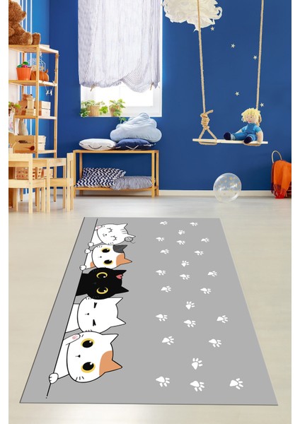 Sevimli Kediler Baskılı Yıkanabilir Kaymaz Çocuk Odası Halısı, Çocuk-49-Gri, fırsatları