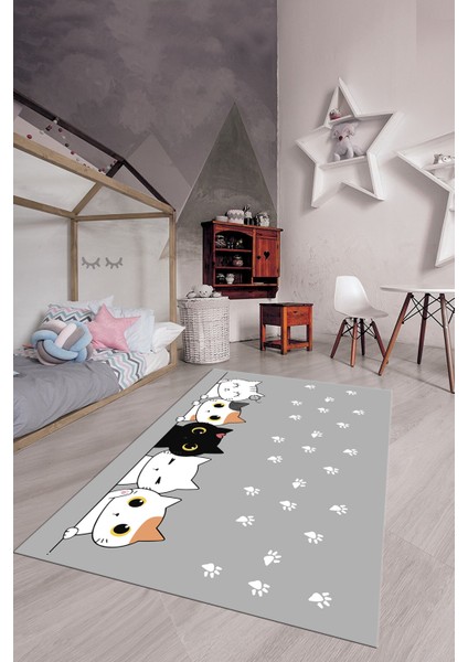 Sevimli Kediler Baskılı Yıkanabilir Kaymaz Çocuk Odası Halısı, Çocuk-49-Gri, indirimleri