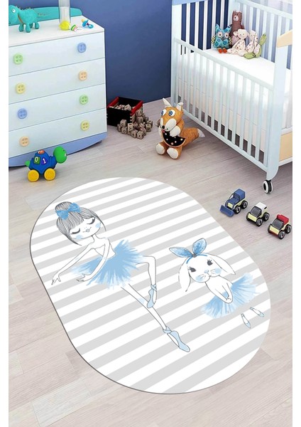 Dijital Baskılı Kaymaz Yıkanabilir Balerin Kız Desenli Oval Çocuk Odası Halısı, O-Çocuk-09-Mavi,