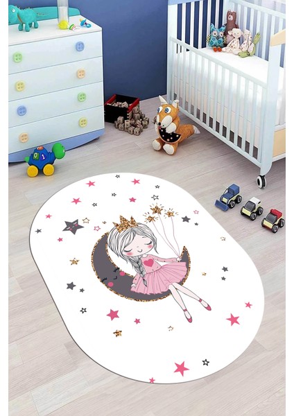 Kaymaz Taban Yıkanabilir Ayda Oturan Prenses Desenli Oval Çocuk Odası Halısı, O-Çocuk-13-Beyaz,