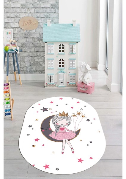 Kaymaz Taban Yıkanabilir Ayda Oturan Prenses Desenli Oval Çocuk Odası Halısı, O-Çocuk-13-Beyaz, fiyatları