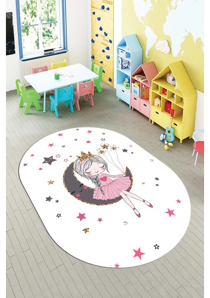 Kaymaz Taban Yıkanabilir Ayda Oturan Prenses Desenli Oval Çocuk Odası Halısı, O-Çocuk-13-Beyaz, modelleri