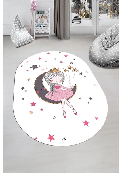 Kaymaz Taban Yıkanabilir Ayda Oturan Prenses Desenli Oval Çocuk Odası Halısı, O-Çocuk-13-Beyaz, indirimleri