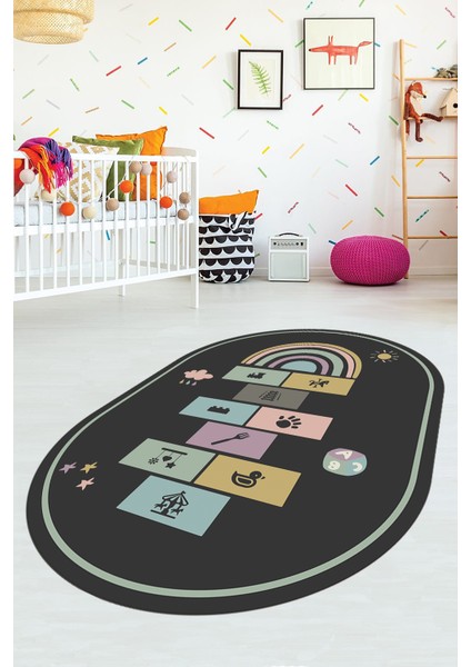 Dijital Baskılı Kaymaz Yıkanabilir Seksek Eğitici Oval Çocuk Odası Oyun Halısı, O-Çocuk-31-Antrasit,