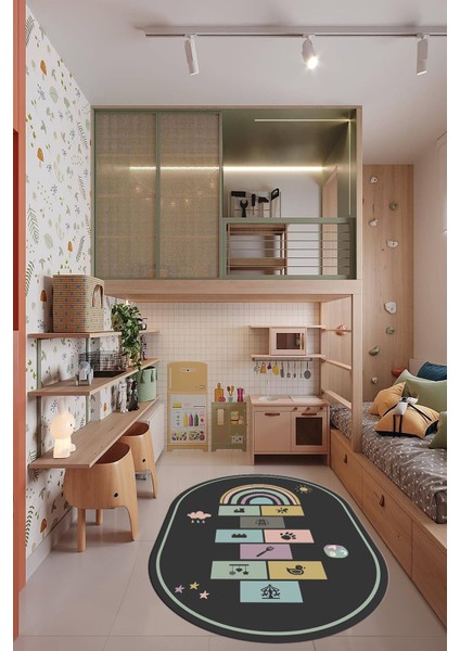 Dijital Baskılı Kaymaz Yıkanabilir Seksek Eğitici Oval Çocuk Odası Oyun Halısı, O-Çocuk-31-Antrasit,