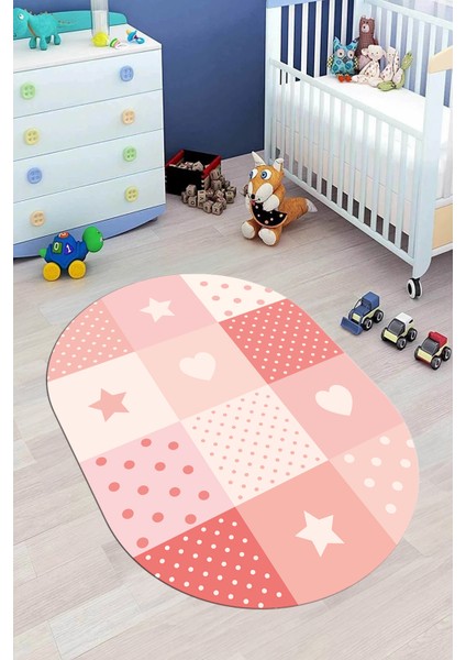 Dijital Baskılı Kaymaz Yıkanabilir Yıldız Kalp Desenli Oval Çocuk Odası Halısı, O-Çocuk-10-Pembe,