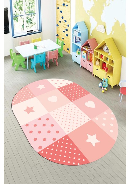 Dijital Baskılı Kaymaz Yıkanabilir Yıldız Kalp Desenli Oval Çocuk Odası Halısı, O-Çocuk-10-Pembe, modelleri