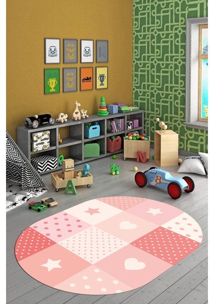 Dijital Baskılı Kaymaz Yıkanabilir Yıldız Kalp Desenli Oval Çocuk Odası Halısı, O-Çocuk-10-Pembe, fırsatları