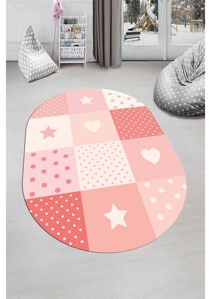 Dijital Baskılı Kaymaz Yıkanabilir Yıldız Kalp Desenli Oval Çocuk Odası Halısı, O-Çocuk-10-Pembe, indirimleri