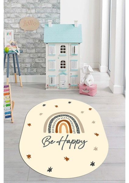 Kaymaz Taban Yıkanabilir Be Happy Yazılı Gökküşağı Desenli Oval Çocuk Halısı, O-Çocuk-14-Krem,