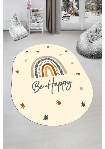 Kaymaz Taban Yıkanabilir Be Happy Yazılı Gökküşağı Desenli Oval Çocuk Halısı, O-Çocuk-14-Krem, fırsatları