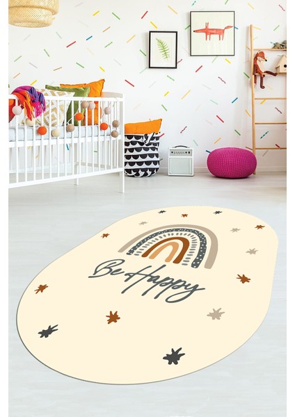 Kaymaz Taban Yıkanabilir Be Happy Yazılı Gökküşağı Desenli Oval Çocuk Halısı, O-Çocuk-14-Krem, indirimleri