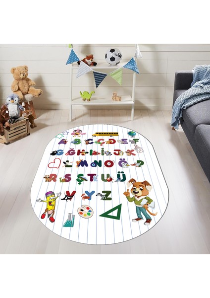 Dijital Baskılı Kaymaz Yıkanabilir Alfabe Eğitici Oval Çocuk Odası Oyun Halısı, O-Çocuk-33-Beyaz, fiyatları