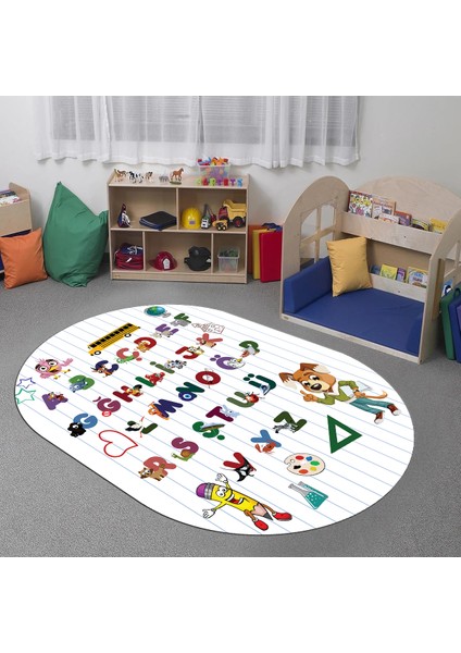 Dijital Baskılı Kaymaz Yıkanabilir Alfabe Eğitici Oval Çocuk Odası Oyun Halısı, O-Çocuk-33-Beyaz, modelleri