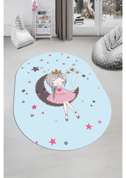 Kaymaz Taban Yıkanabilir Ayda Oturan Prenses Desenli Oval Çocuk Odası Halısı, O-Çocuk-13-Mavi, indirimleri