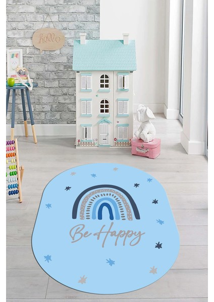 Kaymaz Taban Yıkanabilir Be Happy Yazılı Gökküşağı Desenli Oval Çocuk Halısı, O-Çocuk-14-Mavi,