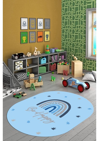 Kaymaz Taban Yıkanabilir Be Happy Yazılı Gökküşağı Desenli Oval Çocuk Halısı, O-Çocuk-14-Mavi, modelleri