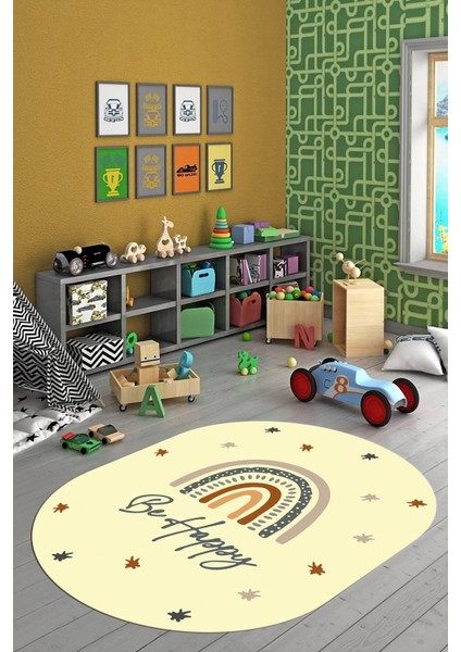 Kaymaz Taban Yıkanabilir Be Happy Yazılı Gökküşağı Desenli Oval Çocuk Halısı, O-Çocuk-14-Sarı,