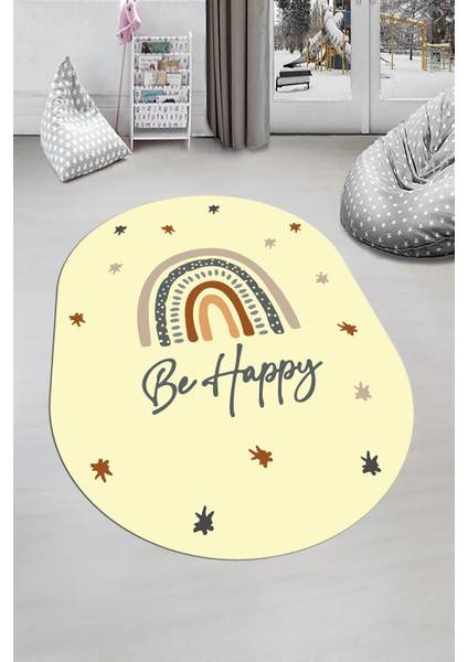 Kaymaz Taban Yıkanabilir Be Happy Yazılı Gökküşağı Desenli Oval Çocuk Halısı, O-Çocuk-14-Sarı,