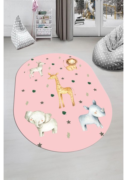 Dijital Baskılı Kaymaz Yıkanabilir Zürafa Fil Aslan Oval Çocuk Odası Halısı, O-Çocuk-35-Pembe,