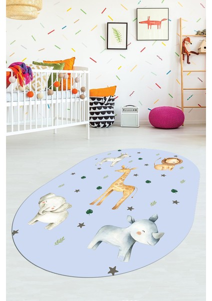 Dijital Baskılı Kaymaz Yıkanabilir Zürafa Fil Aslan Oval Çocuk Odası Halısı, O-Çocuk-35-Mavi,