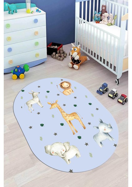 Dijital Baskılı Kaymaz Yıkanabilir Zürafa Fil Aslan Oval Çocuk Odası Halısı, O-Çocuk-35-Mavi,