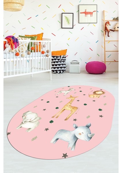 Dijital Baskılı Kaymaz Yıkanabilir Zürafa Fil Aslan Oval Çocuk Odası Halısı, O-Çocuk-35-Pembe,