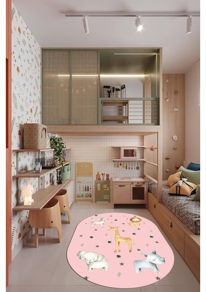 Dijital Baskılı Kaymaz Yıkanabilir Zürafa Fil Aslan Oval Çocuk Odası Halısı, O-Çocuk-35-Pembe,