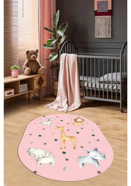Dijital Baskılı Kaymaz Yıkanabilir Zürafa Fil Aslan Oval Çocuk Odası Halısı, O-Çocuk-35-Pembe,