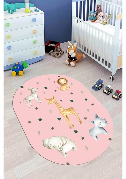 Dijital Baskılı Kaymaz Yıkanabilir Zürafa Fil Aslan Oval Çocuk Odası Halısı, O-Çocuk-35-Pembe,