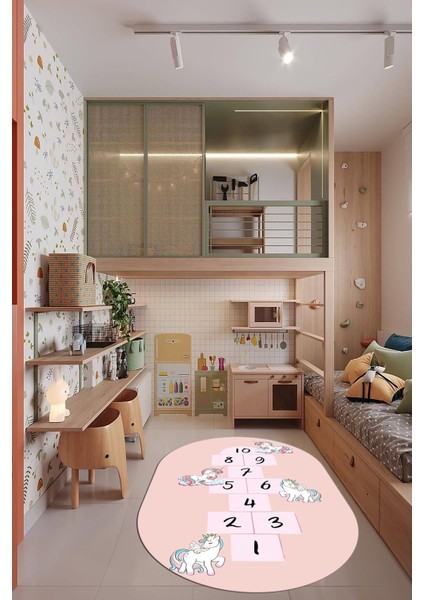 Unicornlu Sek Sek Desen Yıkanabilir Eğlenceli Oval Çocuk Odası Oyun Halısı, O-Çocuk-37-Pembe, modelleri