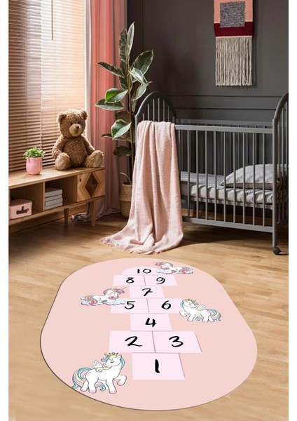 Unicornlu Sek Sek Desen Yıkanabilir Eğlenceli Oval Çocuk Odası Oyun Halısı, O-Çocuk-37-Pembe, fırsatları