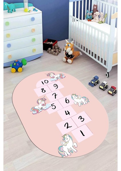 Unicornlu Sek Sek Desen Yıkanabilir Eğlenceli Oval Çocuk Odası Oyun Halısı, O-Çocuk-37-Pembe, indirimleri
