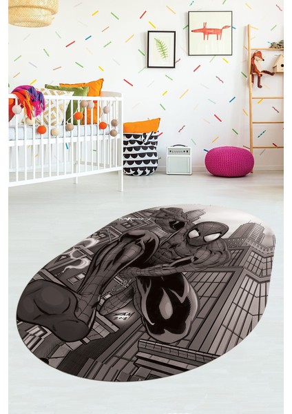 Dijital Kaymaz Yıkanabilir Çizgifilm Temalı Erkek Oval Çocuk Odası Halısı, O-Çocuk-40-Vizon,