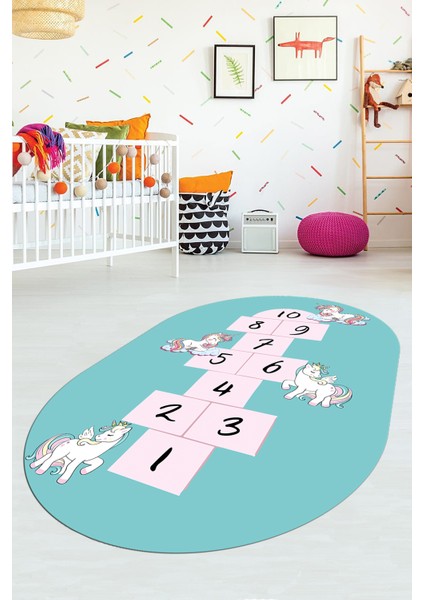 Unicornlu Sek Sek Desen Yıkanabilir Eğlenceli Oval Çocuk Odası Oyun Halısı, O-Çocuk-37-Turkuaz, fiyatları