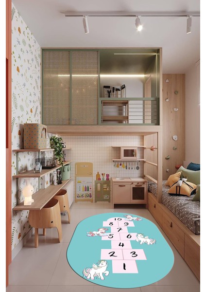 Unicornlu Sek Sek Desen Yıkanabilir Eğlenceli Oval Çocuk Odası Oyun Halısı, O-Çocuk-37-Turkuaz, modelleri