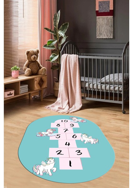 Unicornlu Sek Sek Desen Yıkanabilir Eğlenceli Oval Çocuk Odası Oyun Halısı, O-Çocuk-37-Turkuaz, fırsatları
