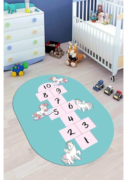 Unicornlu Sek Sek Desen Yıkanabilir Eğlenceli Oval Çocuk Odası Oyun Halısı, O-Çocuk-37-Turkuaz, indirimleri